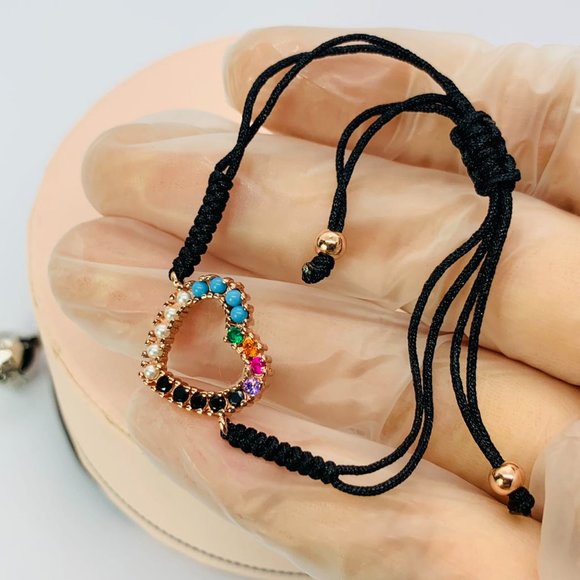 Tous Rose Gold Vermeil San Valentín heart Bracelet with Gemstones and black Cord - Picture 3 of 6